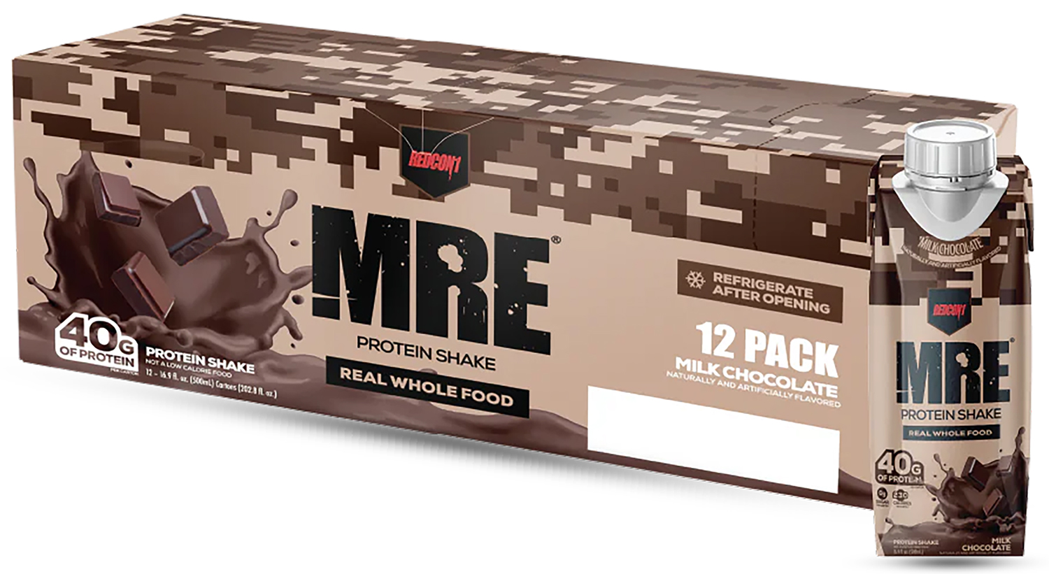 MRE protein shake 12-pack milk chocolate packaging