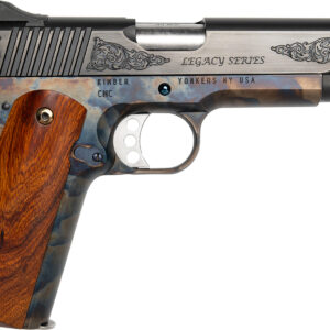 Engraved Kimber 1911 pistol with wooden grip