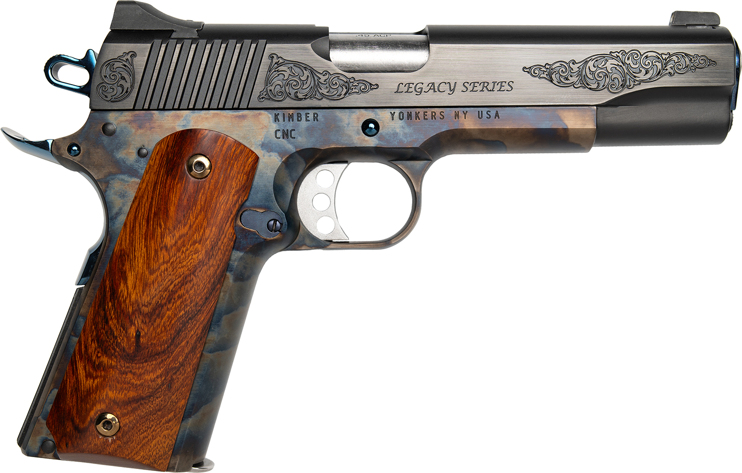 Engraved Kimber 1911 pistol with wooden grip