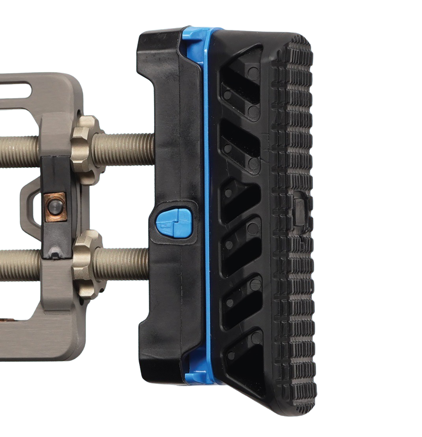 Close-up of adjustable woodworking clamp with padded jaw