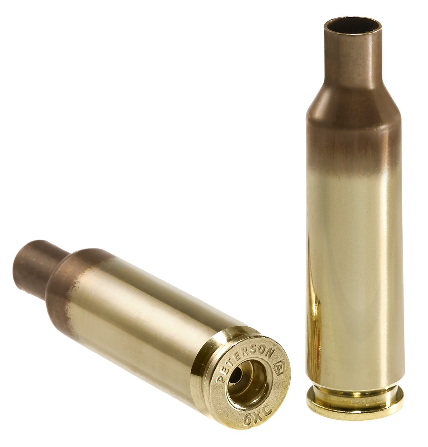 Two brass rifle cartridge casings on white background