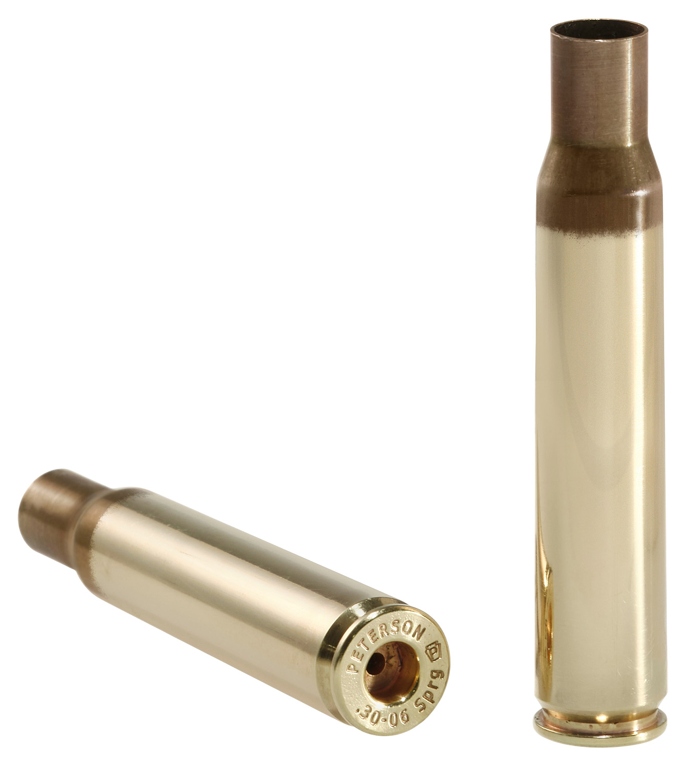 Two brass 30-06 rifle cartridges on white background
