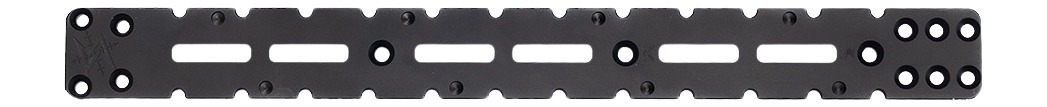 Long black metal mounting bracket with multiple holes