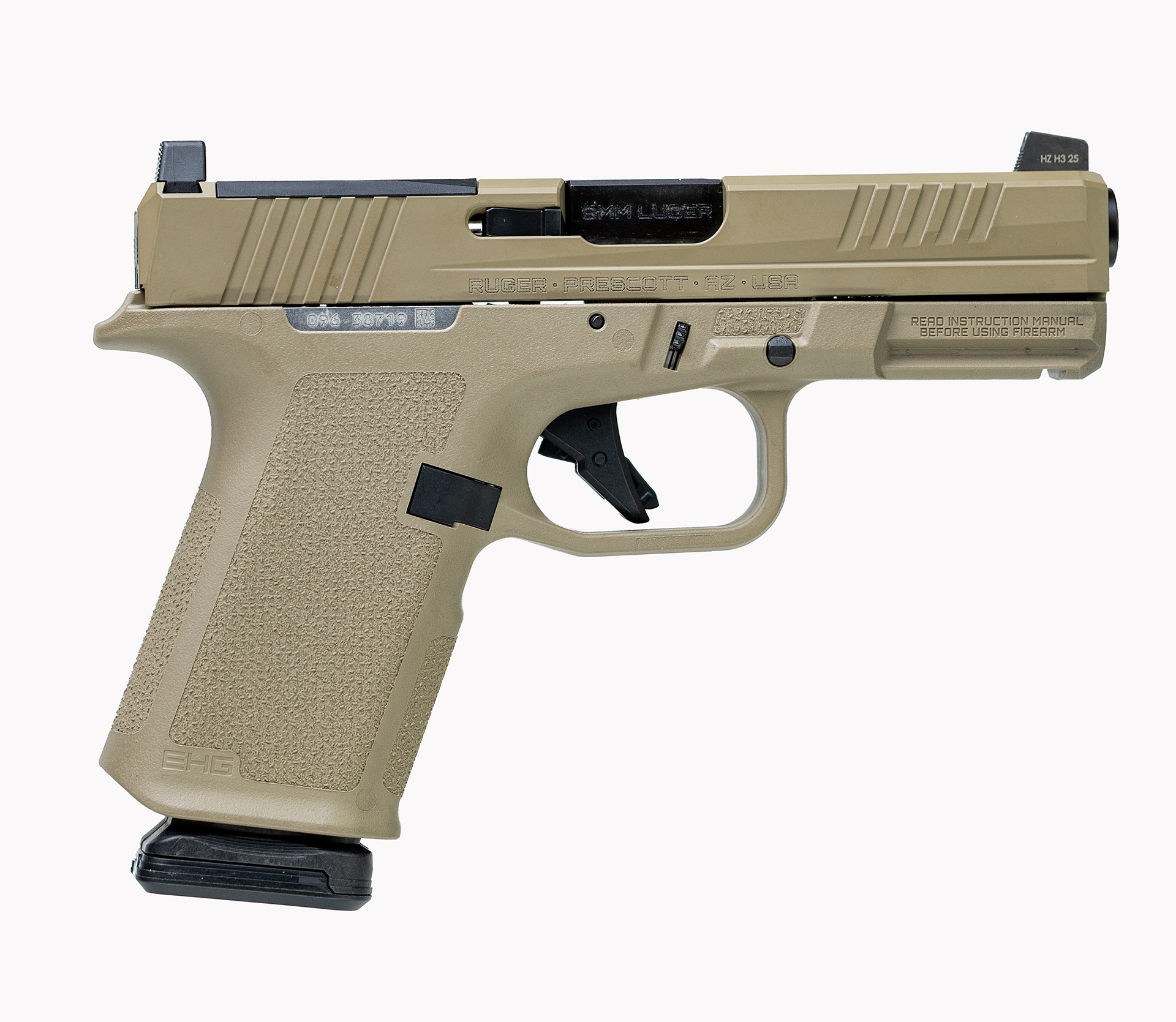 Tan semi-automatic pistol on white background