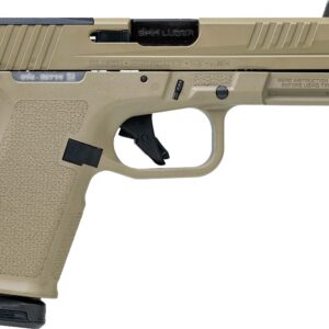Tan semi-automatic pistol with threaded barrel