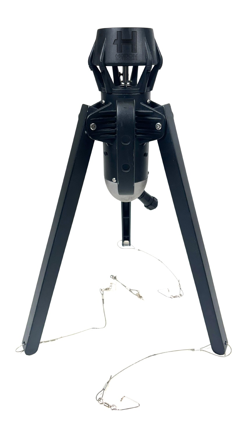 Tripod-mounted Higdon Outdoors game feeder device