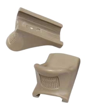 Two beige plastic bracket components on white background