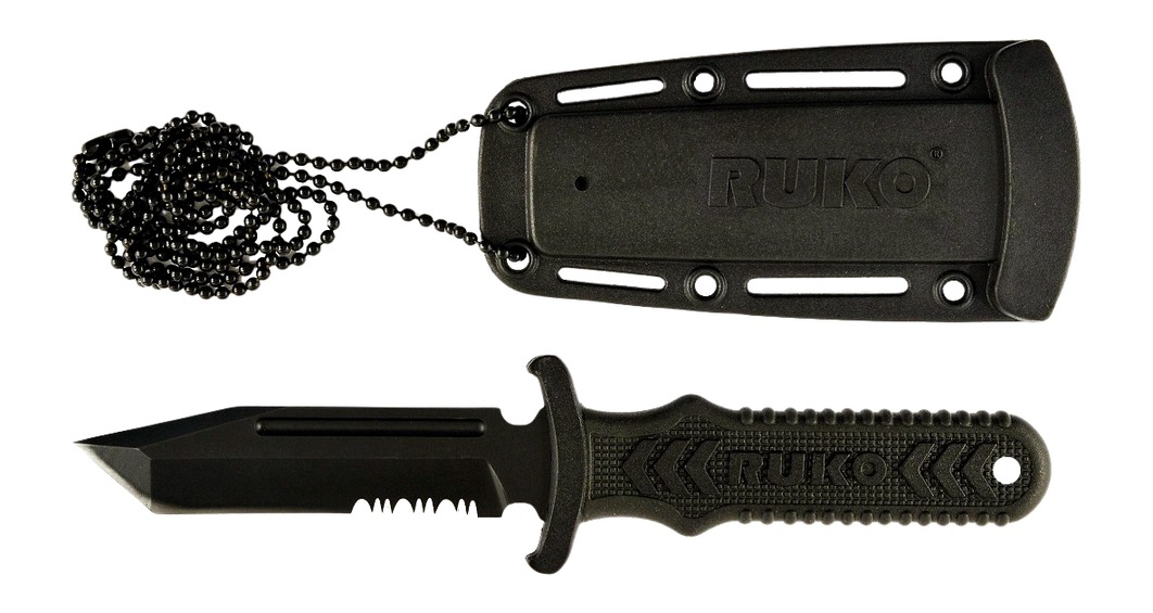 Black tactical knife with sheath and chain