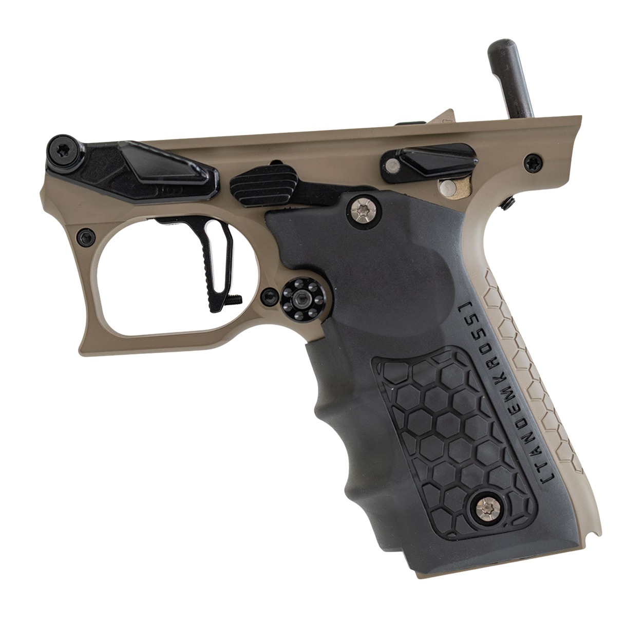 Tan and black pistol frame with textured grip