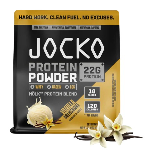 Jocko vanilla protein powder package with vanilla flowers