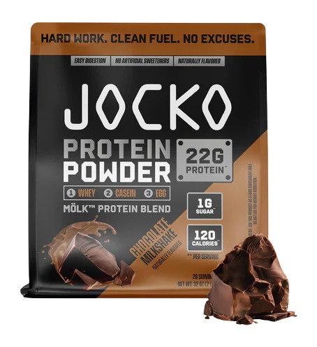 Jocko chocolate protein powder bag with chocolate chunks