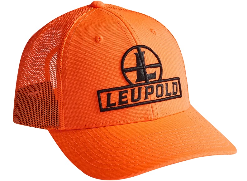 Bright orange Leupold mesh-back trucker hat