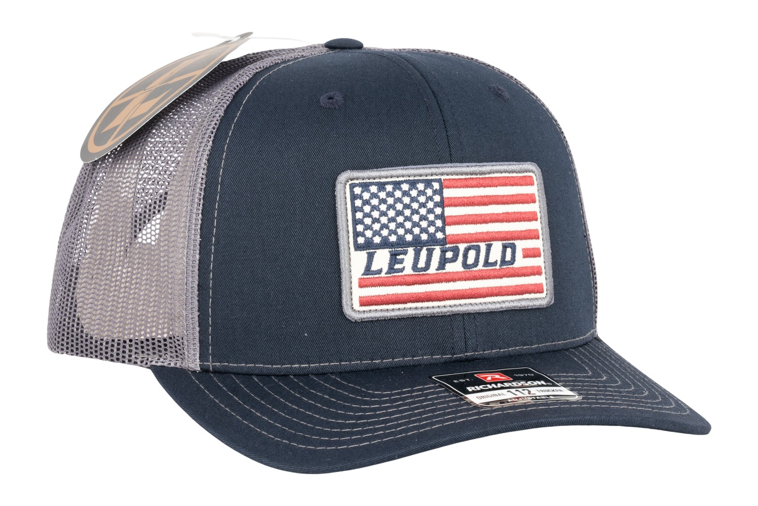 Navy and gray trucker hat with flag patch