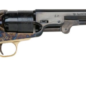 Side view of vintage revolver with wooden grip