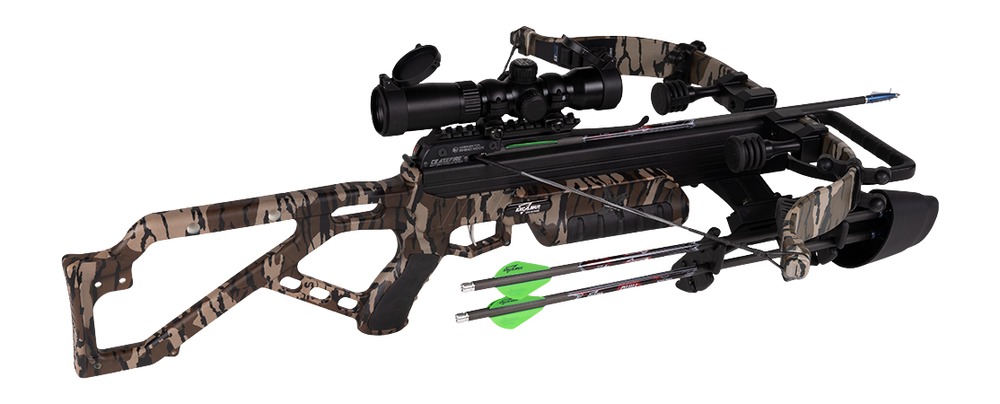 Camouflaged crossbow with scope and arrows