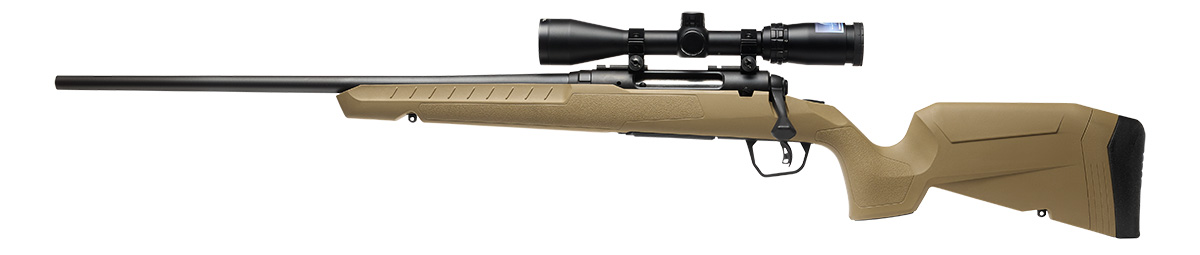 Bolt-action rifle with scope and tan stock