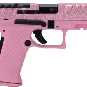 Pink glitter-covered semi-automatic handgun close-up