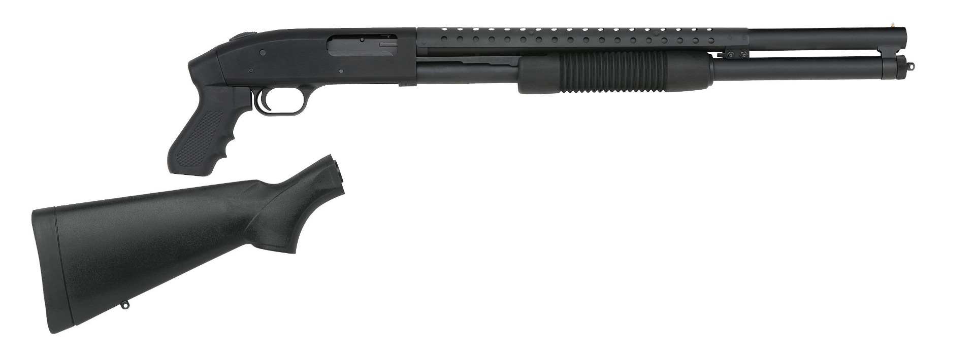 Black pump-action shotgun with detachable stock