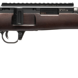 Wooden-stock bolt-action rifle on white background