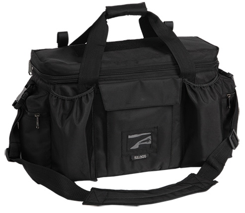Black duffel bag with multiple pockets and strap