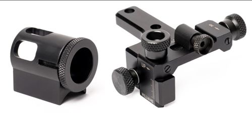 Black metal firearm sight and mounting components