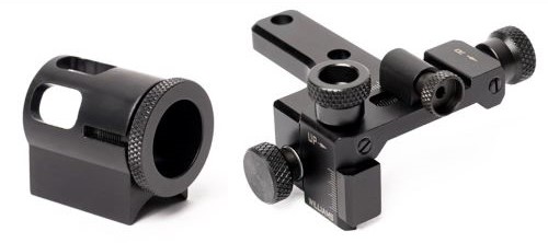 Black metal firearm sight and mounting components