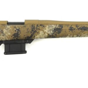 Camouflage bolt-action hunting rifle on white background