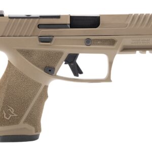 Tan semi-automatic pistol on white background