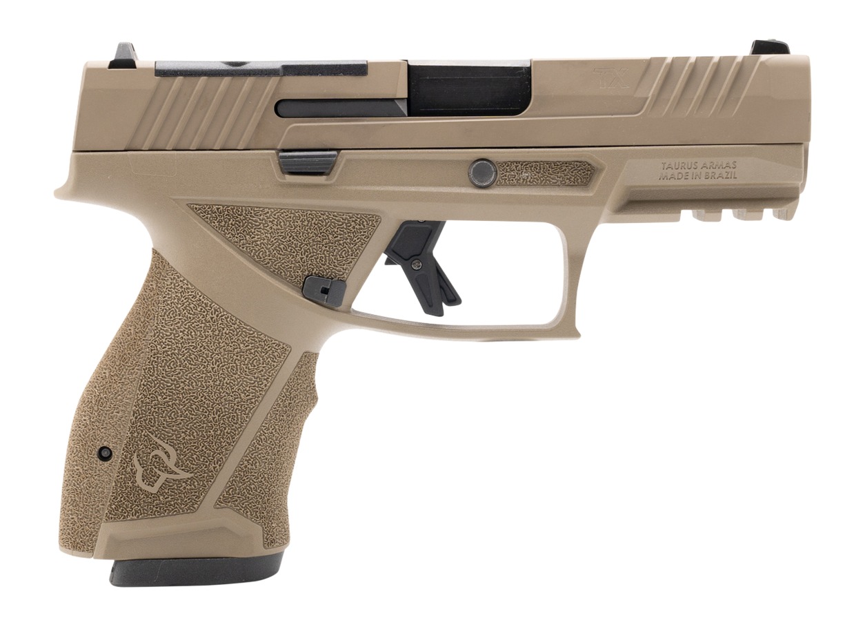 Tan semi-automatic pistol on white background