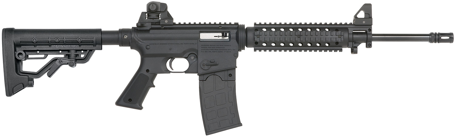 Modern black semi-automatic rifle on white background