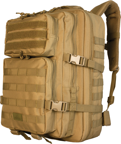 Tan tactical backpack with MOLLE webbing and compartments