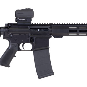 Black AR-15 style rifle with red dot sight