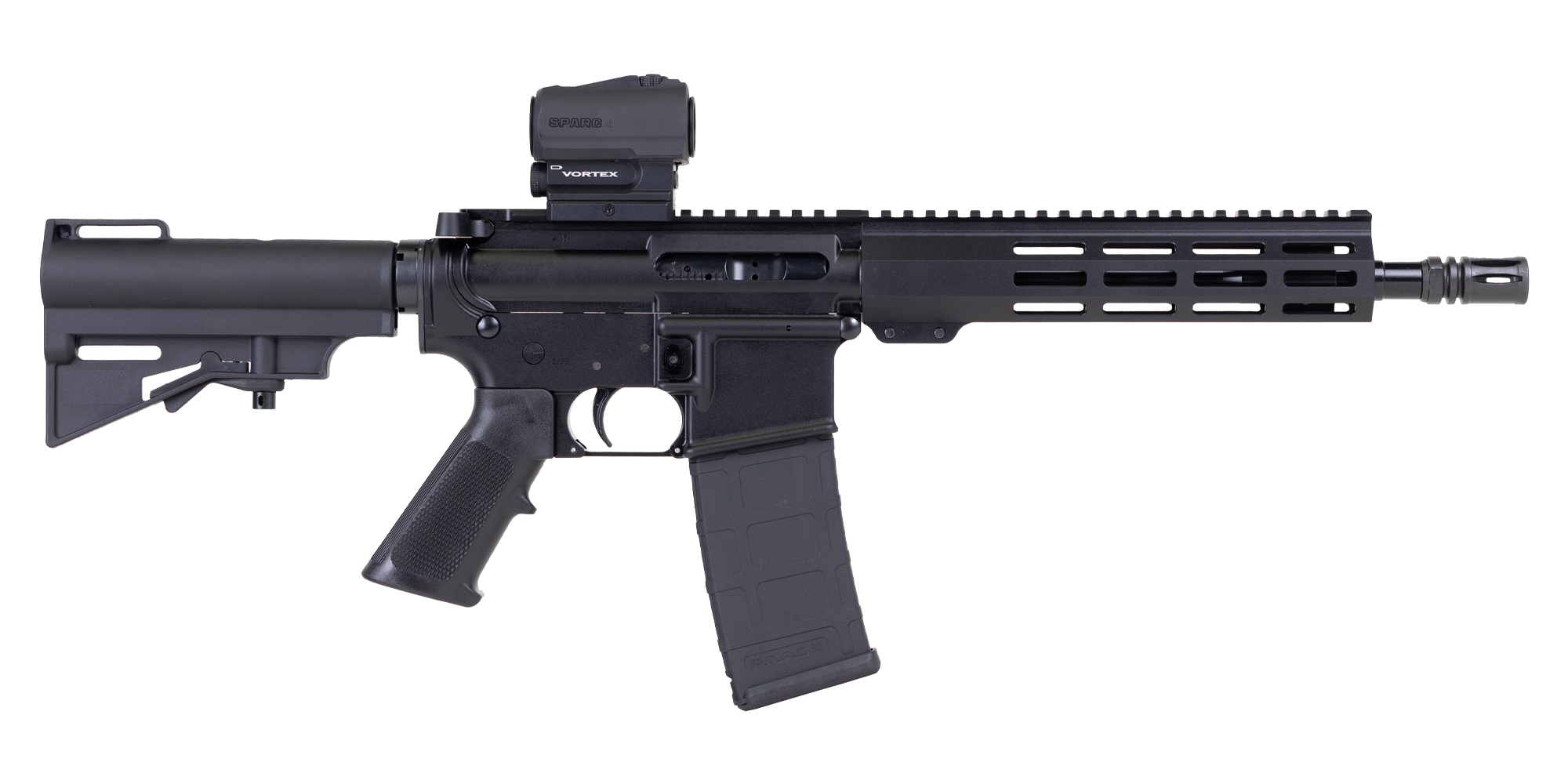 Black AR-15 style rifle with red dot sight