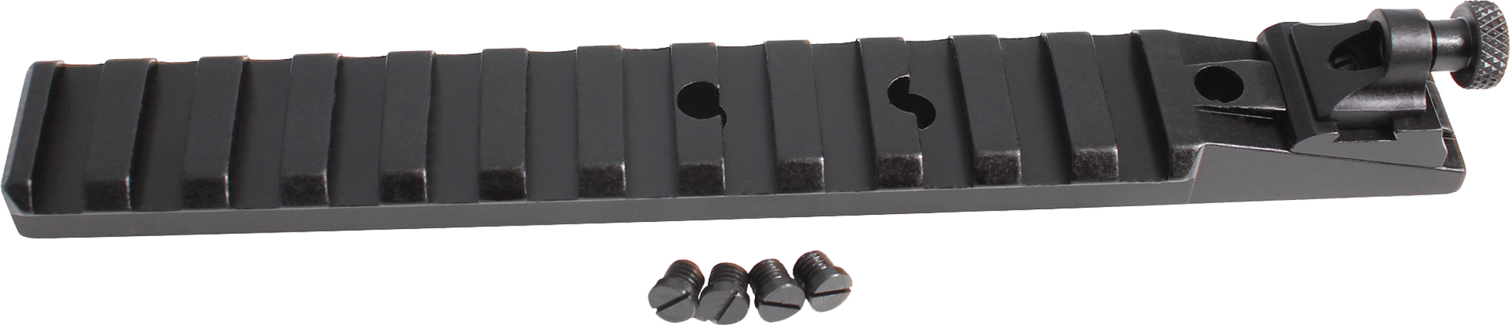 Black metal Picatinny rail mount with screws