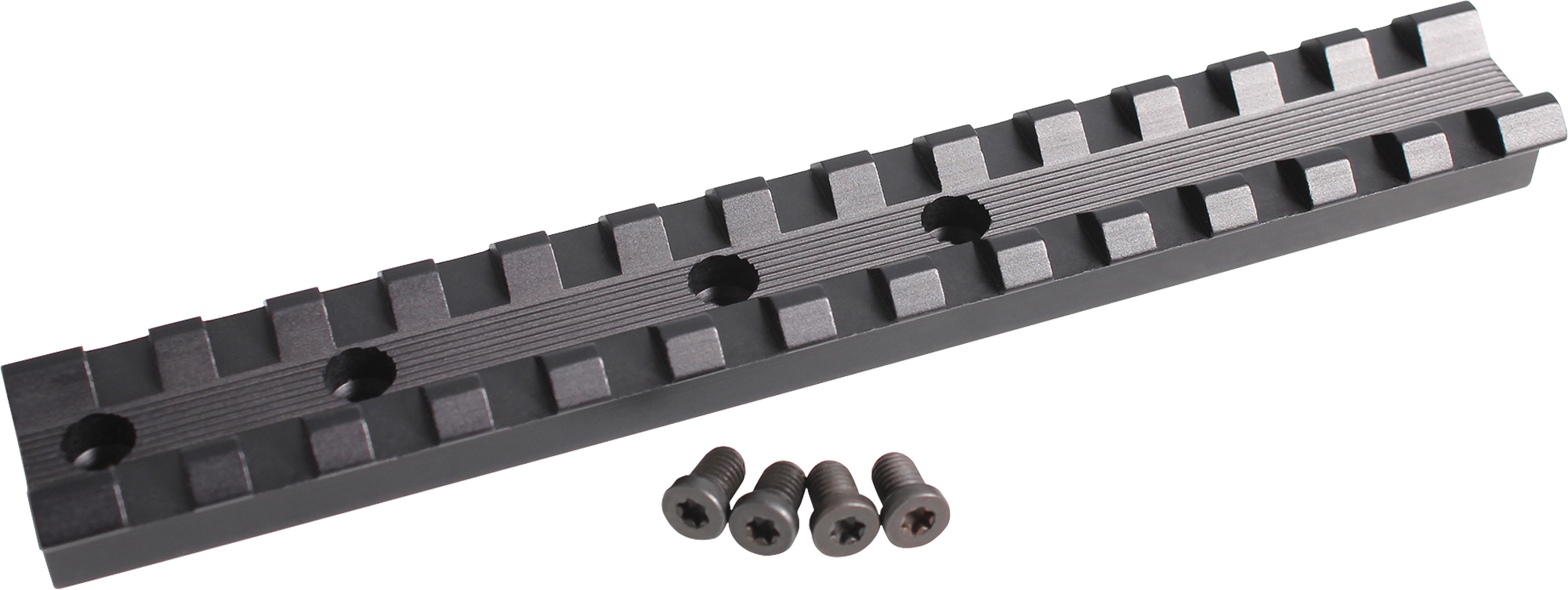 Black metal Picatinny rail with mounting screws