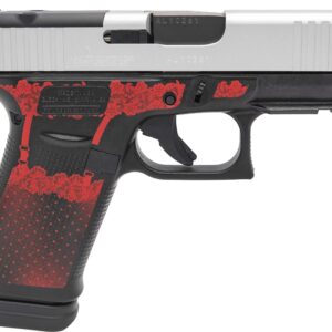 Handgun with red floral design on grip