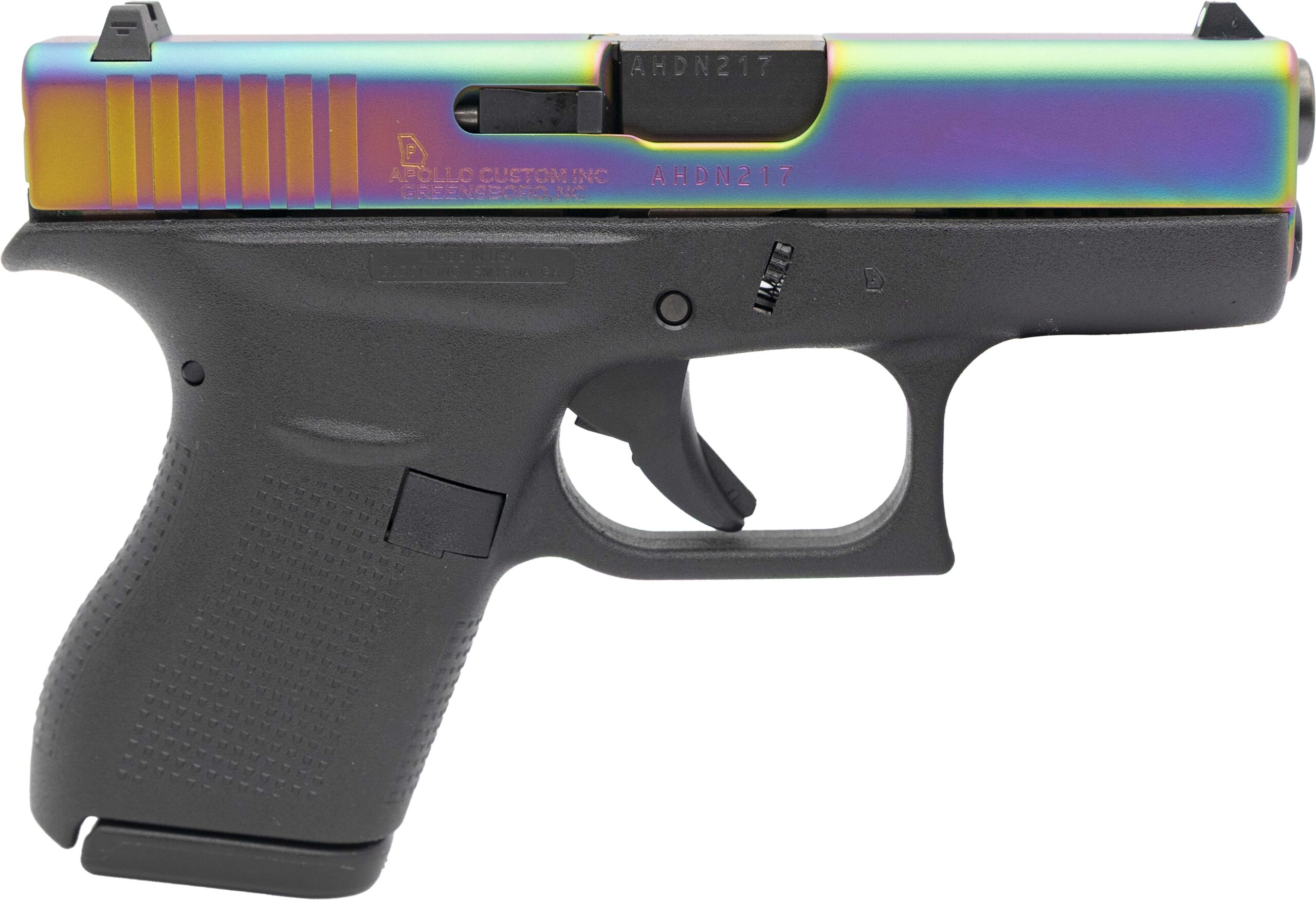 Rainbow slide handgun with black grip