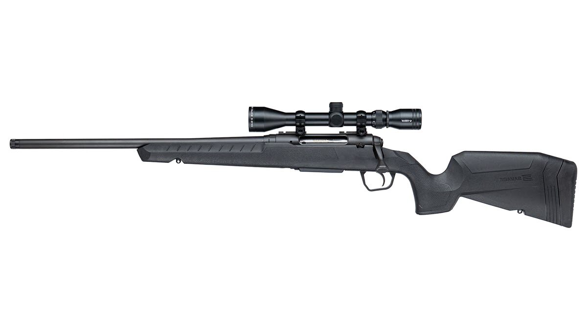 Bolt-action rifle with mounted scope on white background