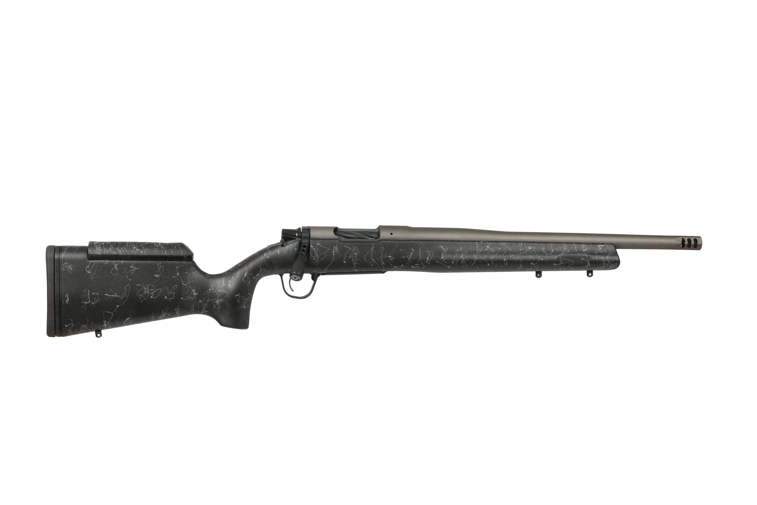Bolt-action rifle with synthetic stock and long barrel
