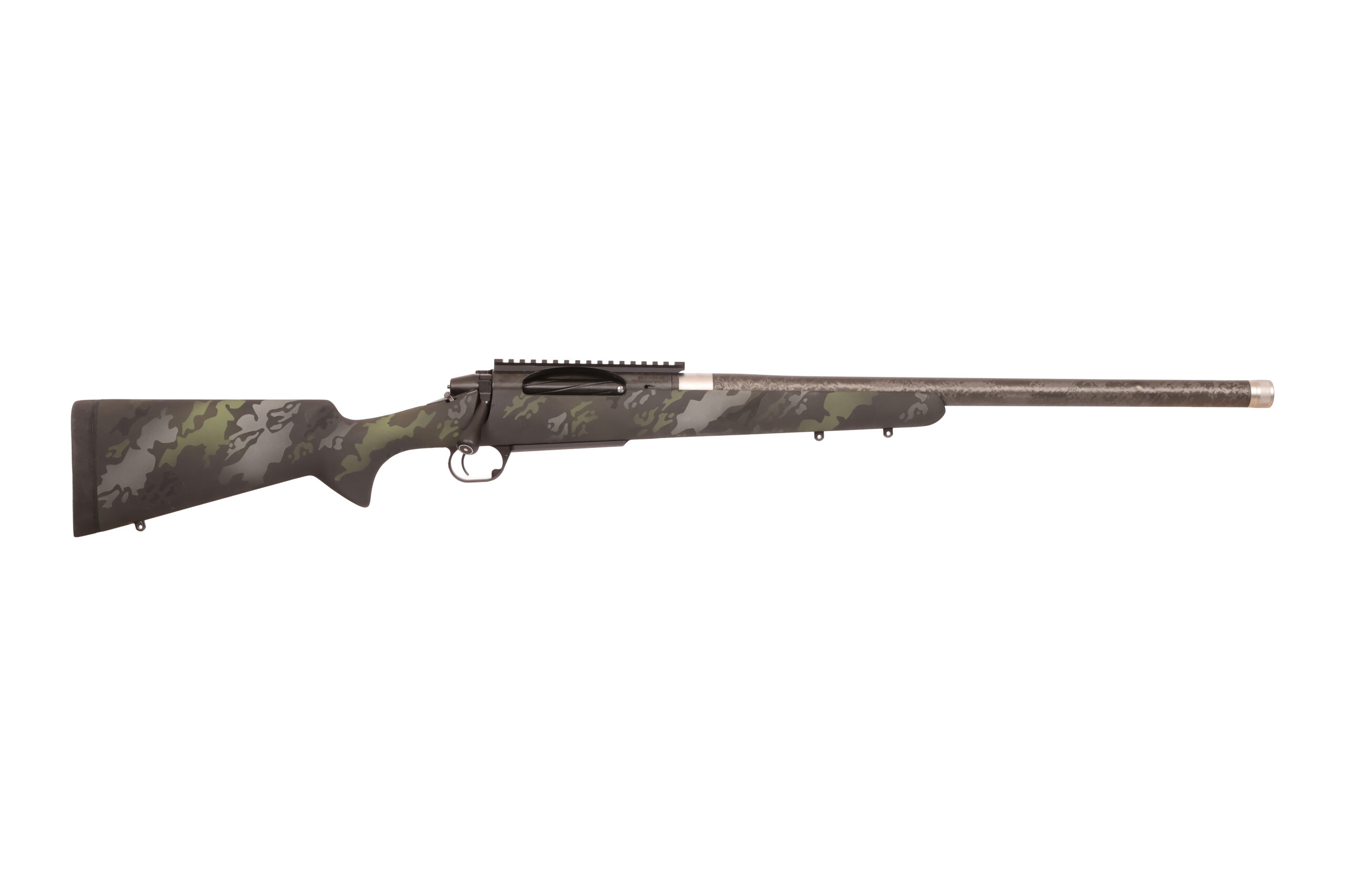 Camouflage bolt-action rifle with long barrel