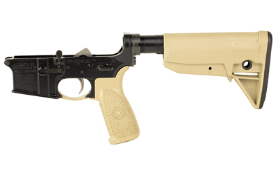AR-15 style rifle lower receiver with tan stock