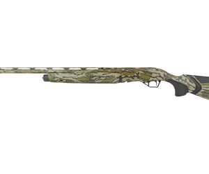 Camouflage-patterned shotgun on white background