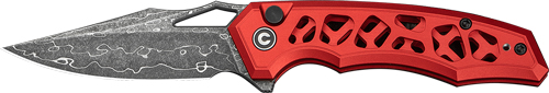 Red folding knife with patterned blade
