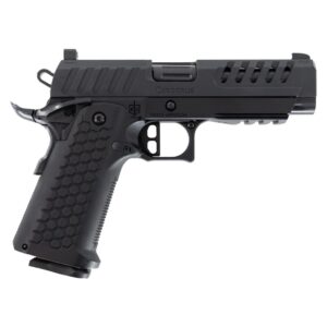 Black semi-automatic handgun on white background