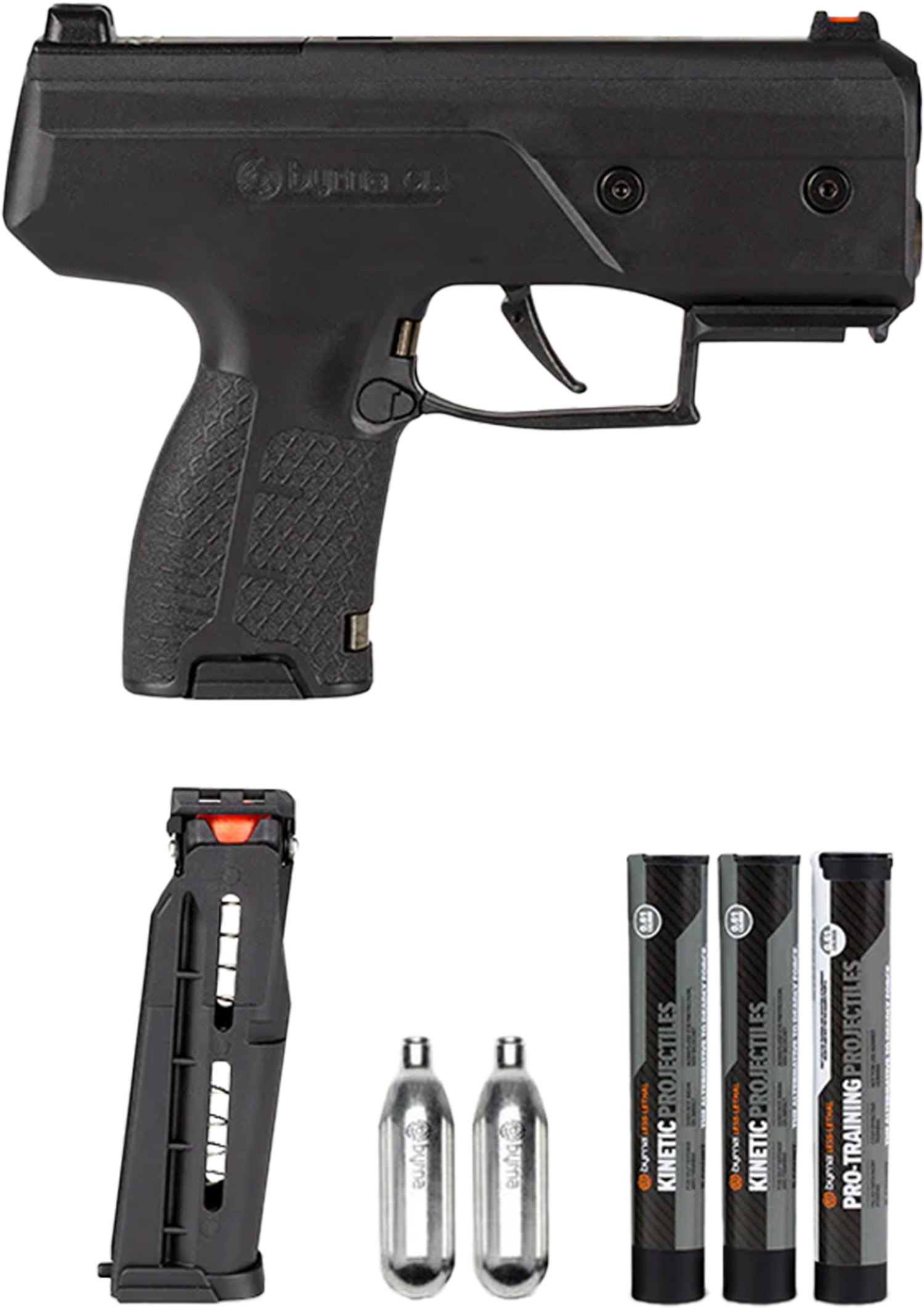 Less-lethal launcher with CO2 cartridges and projectiles