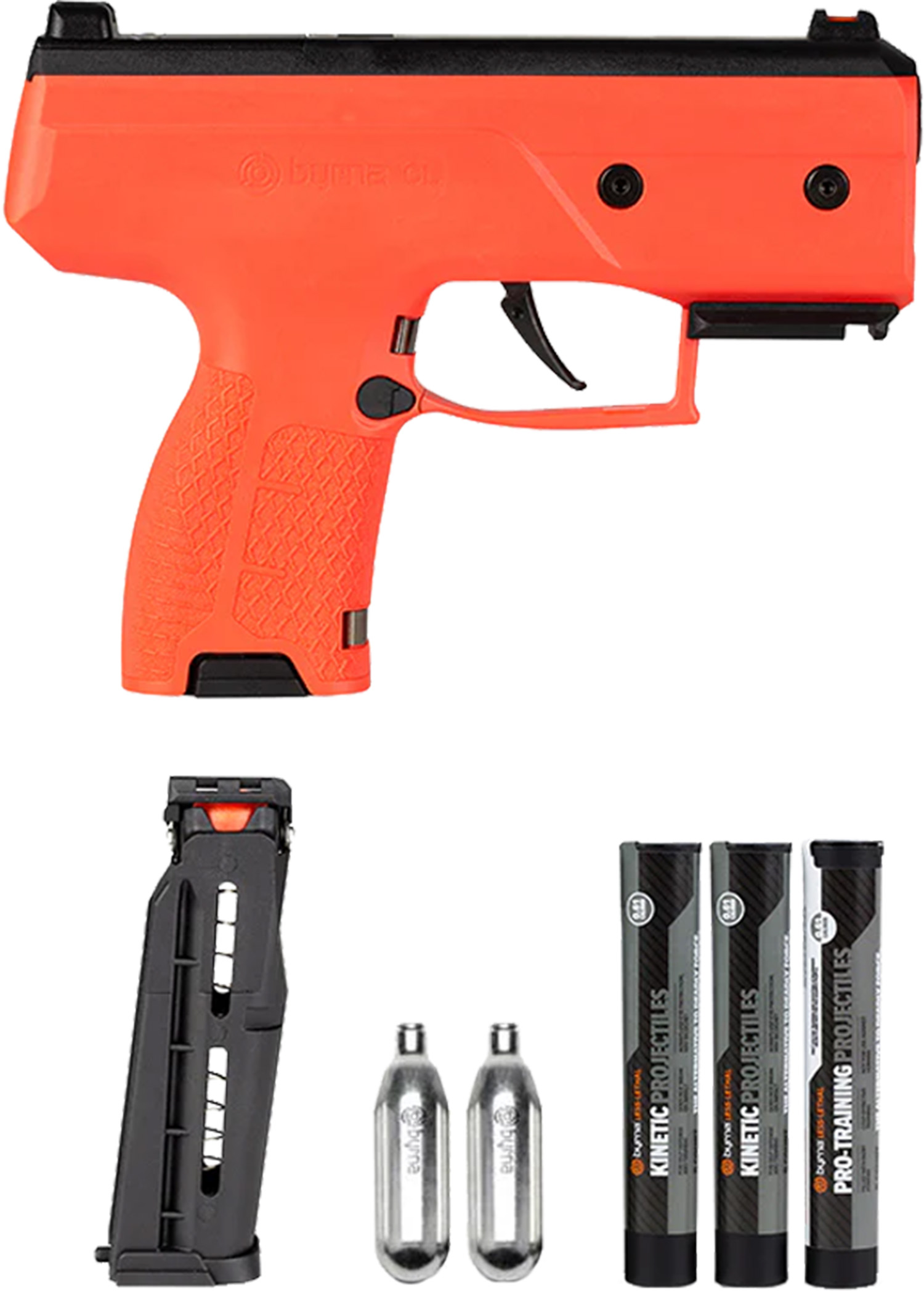 Orange Byrna launcher with CO2 cartridges and projectiles