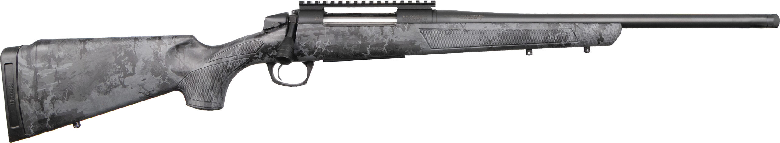 Bolt-action rifle with gray camo stock