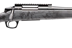 Bolt-action rifle with camouflage stock and long barrel