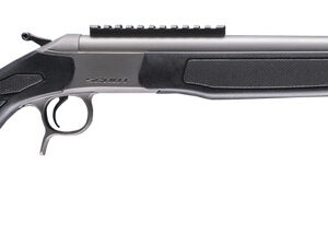Black bolt-action rifle with mounted scope rail