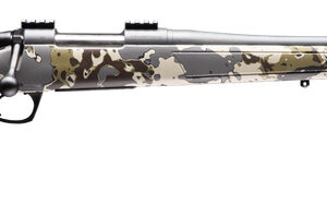 Camouflage bolt-action rifle with long barrel